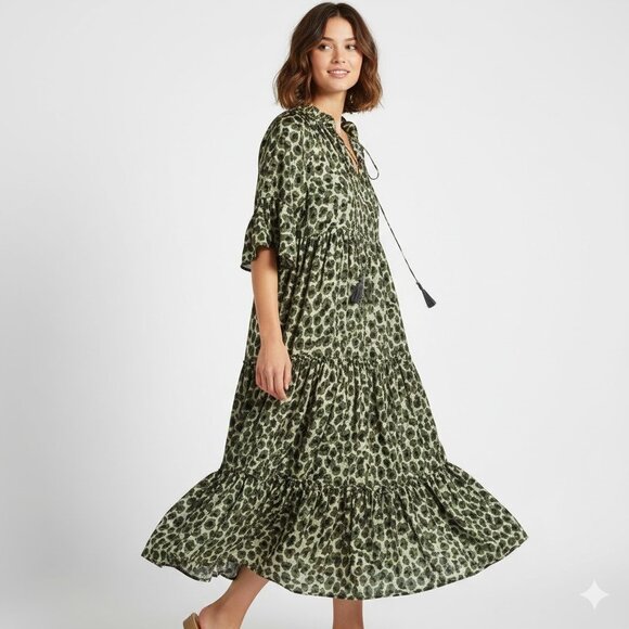 Rungolee Silk Green Leopard Print Tiered Midi Dress XS - Picture 2 of 12